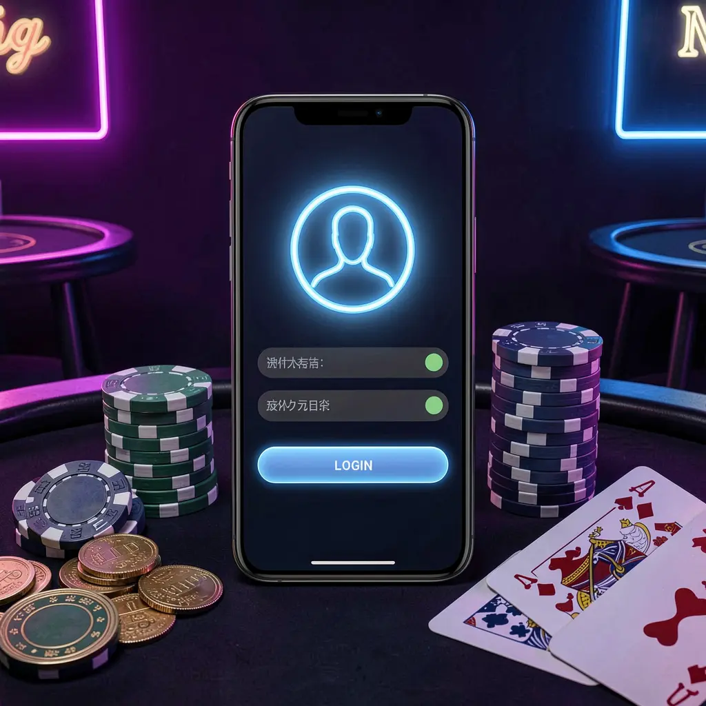 F 7777 casino app login scene on a smartphone with glowing user profile icon, surrounded by chips, cards, and coins against an elegant dark background with neon highlights