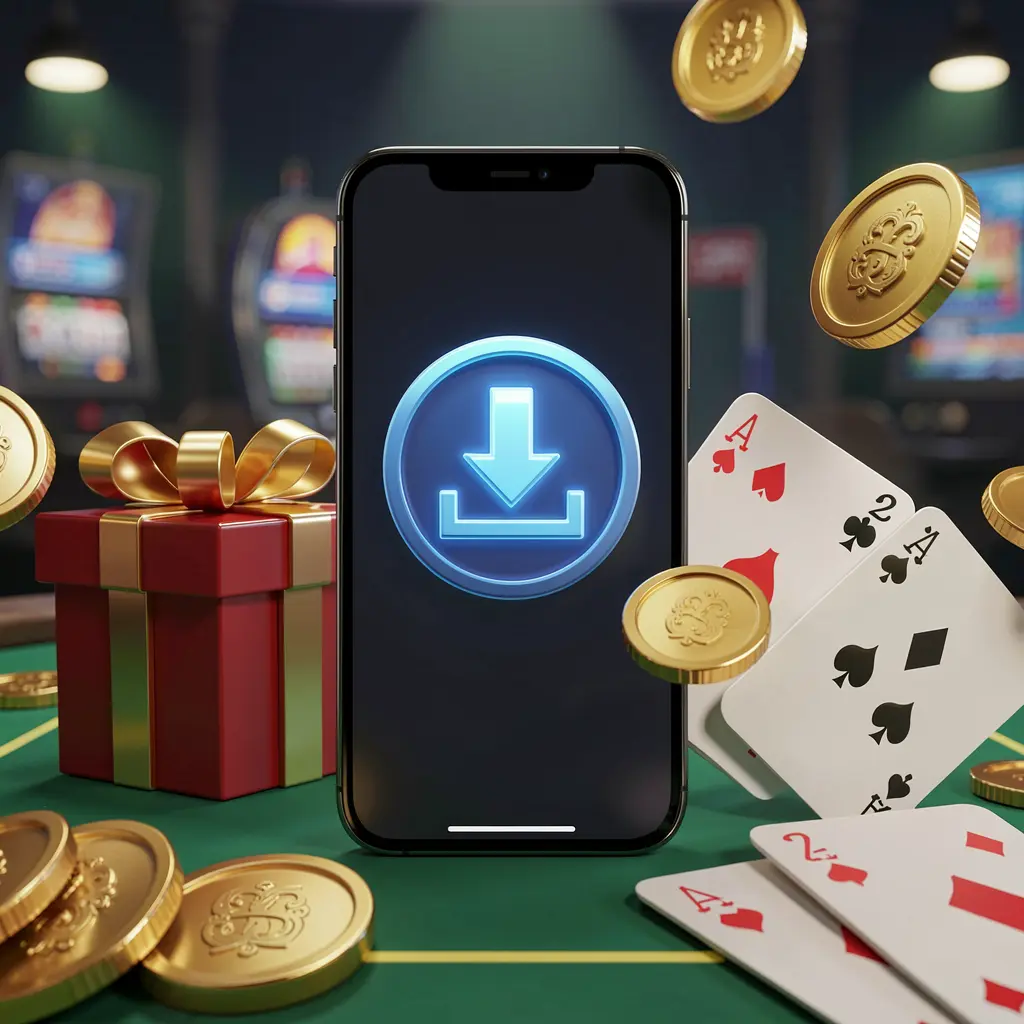 Smartphone displaying a download icon surrounded by golden coins, a gift box, and playing cards in a modern mobile gaming atmosphere, showcasing the F 7777 casino app download concept