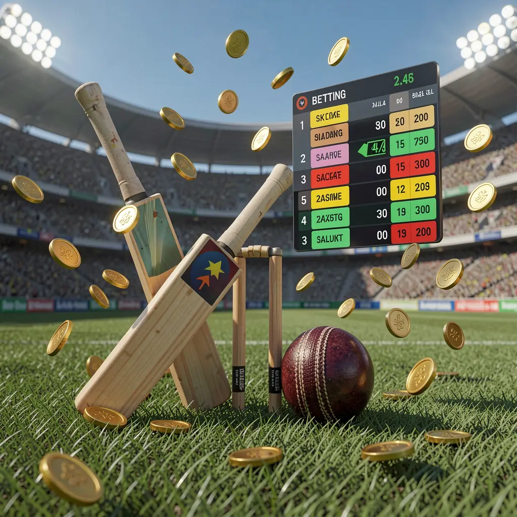 Realistic 3D illustration of a cricket bat, cricket ball, and wickets on stadium grass with floating betting odds interface and golden coins flying, showcasing F 7777 sports betting page visual in Bangladesh Realistic 3D illustration of a cricket bat, cricket ball, and wickets on stadium grass with floating betting odds interface and golden coins flying, showcasing F 7777 sports betting page visual in Bangladesh