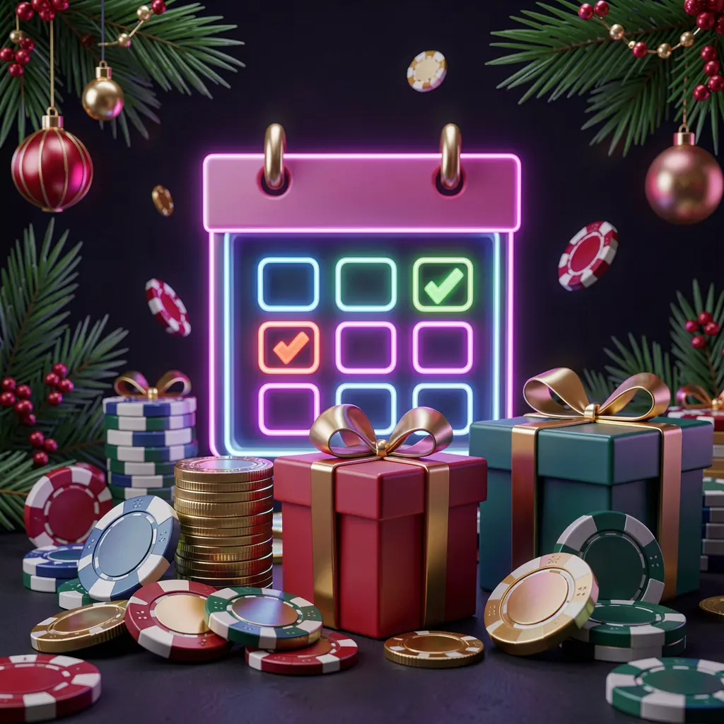 F 7777 weekly casino bonus concept featuring a calendar icon, gift boxes, coins, and chips with a festive dark background and neon glow in premium 3D style F 7777 weekly casino bonus concept featuring a calendar icon, gift boxes, coins, and chips with a festive dark background and neon glow in premium 3D style