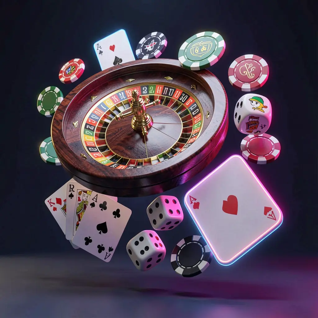 F 7777 online casino games collection featuring a roulette wheel, blackjack cards, dice, slot symbols, and poker chips floating together with neon glow in a premium 3D render