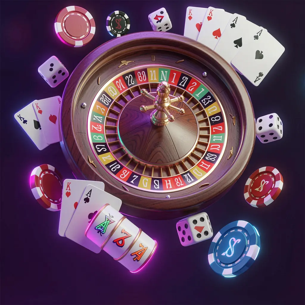 F 7777 online casino games collection featuring a neon glowing roulette wheel, blackjack cards, dice, slot symbols, and poker chips floating together in a premium 3D render