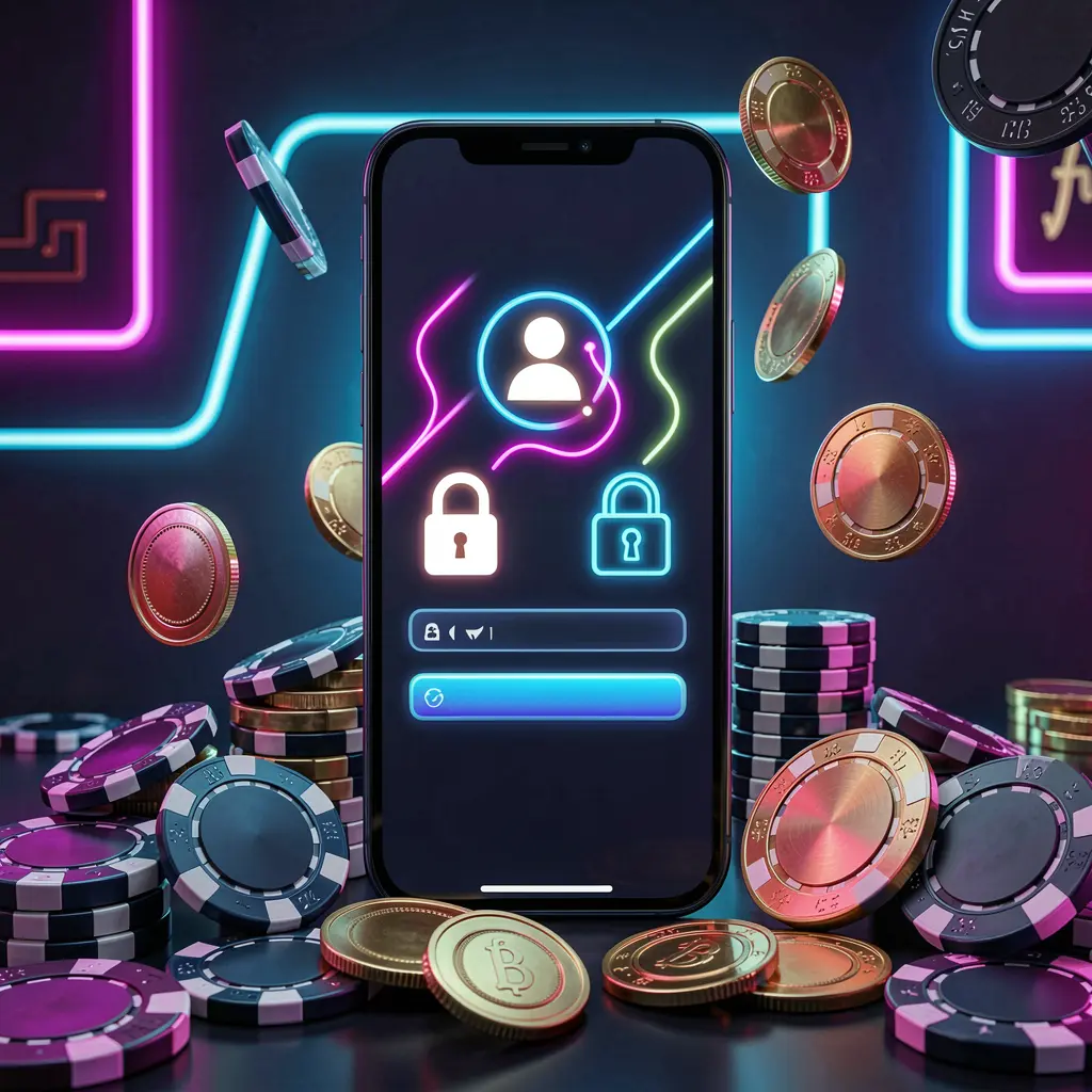 F 7777 mobile gaming login page concept showing a smartphone with an abstract login interface featuring user and lock icons, surrounded by casino chips and coins under luxury neon lighting