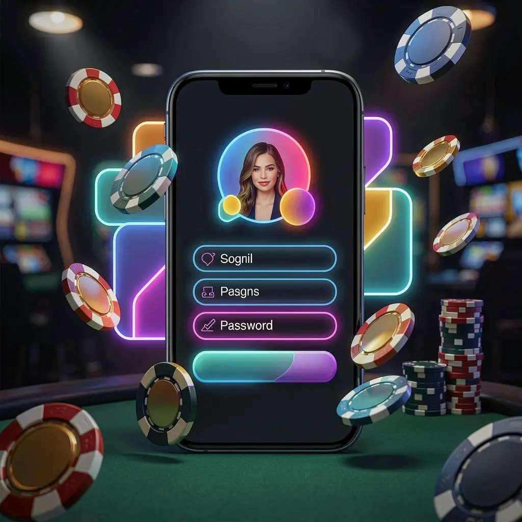 F 7777 mobile casino login screen with neon glowing abstract UI shapes for user profile and password fields, surrounded by flying chips and coins in a dark premium casino atmosphere