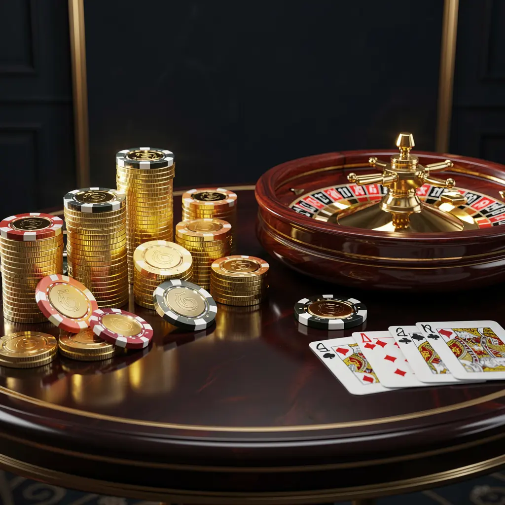 F 7777 premium online casino banner featuring golden coins, glowing chips, roulette wheel, and cards on a glossy table with an elegant dark background in a high detail realistic 3D render F 7777 premium online casino banner featuring golden coins, glowing chips, roulette wheel, and cards on a glossy table with an elegant dark background in a high detail realistic 3D render